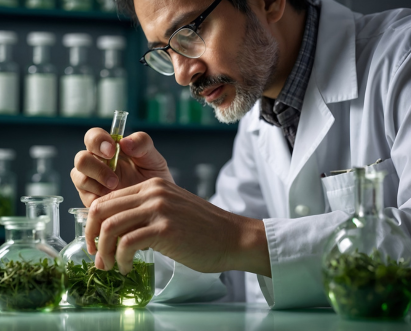 Cientista em um laboratório cultivando e analisando plantas medicinais.