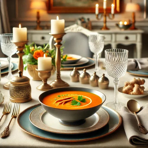 Caldo de cenoura numa mesa para duas pessoas bem elegante