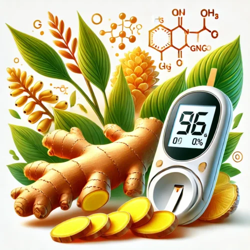 Imagem com gengibre e equipamento para medir a diabetes