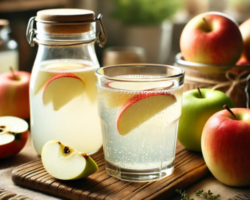 Kefir de maçã sobre uma mesa com maçãs