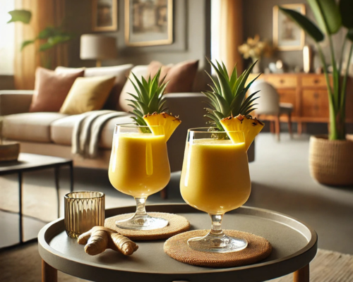 smoothie de abacaxi com gengibre servidos em taças elegantes numa mesinha de centro em uma sala de estar aconchegante.