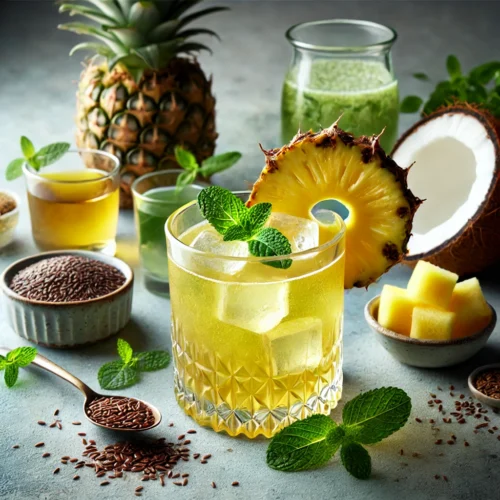 Copo de suco de abacaxi com chá verde sobre a mesa junto com as frutas