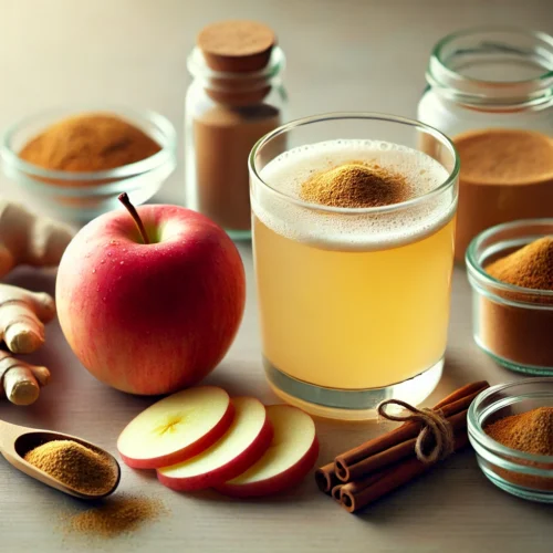 imagem de um copo de suco de maçã, gengibre e canela com os ingredientes sobre a mesa.