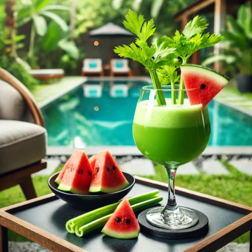 Suco de melancia e aipo servido em uma tala numa mesa pr´ximo a uma piscina.