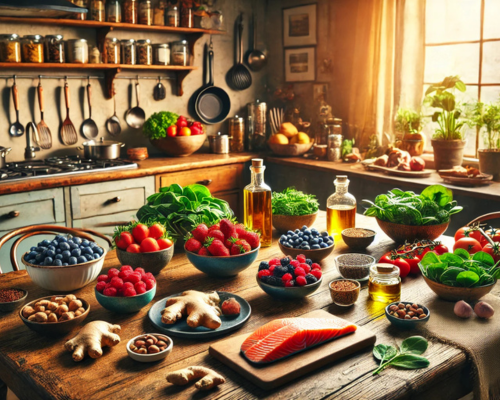 imagem de uma mesa na cozinha de um restaurante, com alimentos anti-inflamatórios dispostos conforme a descrição do artigo.