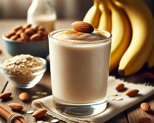 Batida de aveia, canela e banana servido em um copo sobre a mesa.