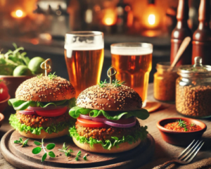imagem dos hambúrgueres de lentilha em uma mesa descontraída, acompanhados de drinks e ingredientes frescos em um ambiente de bar