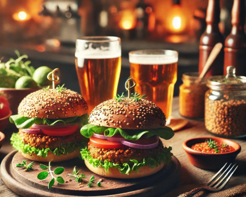imagem dos hambúrgueres de lentilha em uma mesa descontraída, acompanhados de drinks e ingredientes frescos em um ambiente de bar