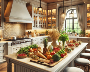 imagem que representa a ilha em uma cozinha americana, aconchegante e elegante, com alimentos integrais e naturais, além de algumas fontes de proteína.