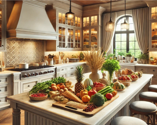 imagem que representa a ilha em uma cozinha americana, aconchegante e elegante, com alimentos integrais e naturais, além de algumas fontes de proteína.