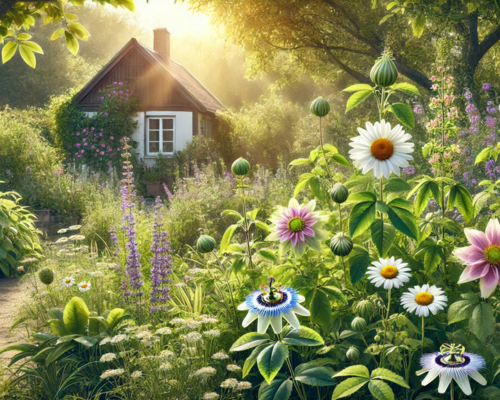 imagem do jardim com as sete plantas medicinaisem um jardim ensolarado com ua casa ao fundo.