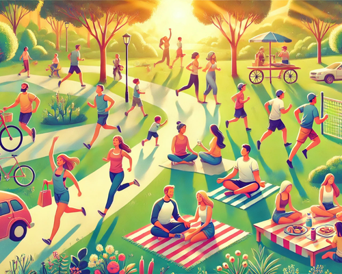 imagem ilustrando saúde mental, saúde física, fortalecimento das relações sociais e atividades prazerosas em um ambiente ao ar livre.