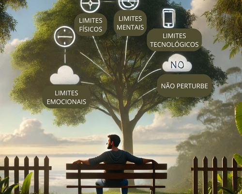 Um homem sentado em um banco em frente a uma árvore contemplando a natureza onde a artvore e uma cera representam seus limites.