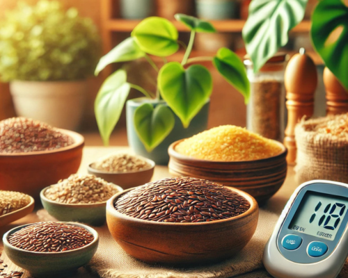 imagem sobre alimentos ricos em lignanas, como sementes de linhaça e grãos integrais, em um cenário que evoca bem-estar e saúde.