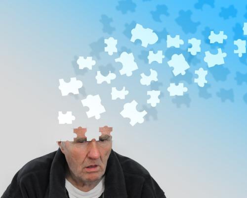Imagem de homem com pensamentos fragmentados tipo um quebra cabeças.