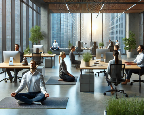 imagem mostra um escritório moderno e tranquilo, onde as pessoas estão focadas em exercícios de respiração e meditação em diferentes áreas.