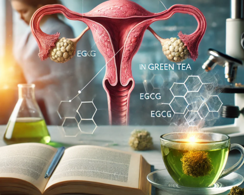Imagem representando as pesquisas do chá verde e seus potenciais efeitos no tratamento dos miomas uterinos.