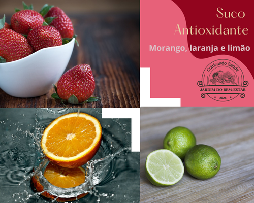 composição de imagens de morango, laranja e limão apresentando o suco antioxidante