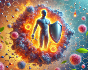 Imagem que ilustra um ataque de radicais livres a uma célula, equilibrado pela proteção dos antioxidantes, com elementos naturais sugerindo remédios naturais.