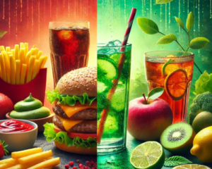 Imagem de um lago alimento processados e do outro alimentos saudáveis.