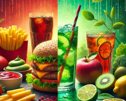 Imagem de um lago alimento processados e do outro alimentos saudáveis.