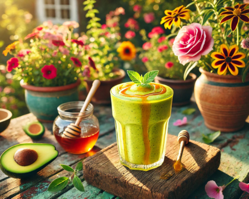 smoothie de abacate com mel servido em uma mesa de jardim, rodeada por flores coloridas, com o sol iluminando o ambiente ao redor.