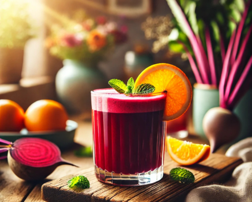 magem do suco de beterraba e laranja em uma mesa iluminada pelo sol. Espero que ela complemente o artigo de forma visual e atraente!