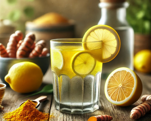 imagem que representa um copo com suco de água com açafrão e limão sobre a mesa