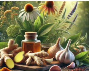 Ervas e óleos medicinais sobre a mesa