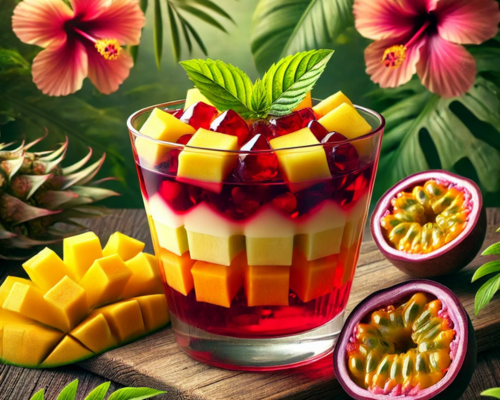 gelatina de hibisco ervida em uma cumbuca de vidro