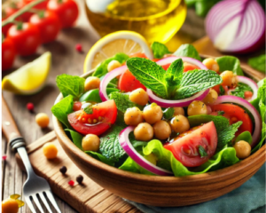 Uma salada de grão-de-bico com hortelã servida sobre a mesa.