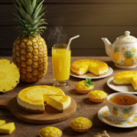 Uma mesa com produtos derivados de abacaxi como a frut, sucos chás e sobremesas.